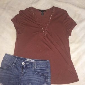 Forever 21 Lace Up Maroon Tee Shirt